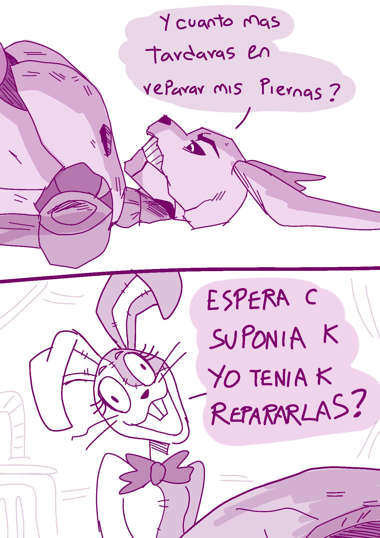 anthro bow_accessory buckteeth comic dialogue duo female five_nights_at_freddy's five_nights_at_freddy's_3 happy hi_res lagomorph leporid male mammal monochrome rabbit renita_reed scottgames simple_background spanish_text speech_bubble springtrap_(fnaf) teeth text vanny_(fnaf) whiskers white_background