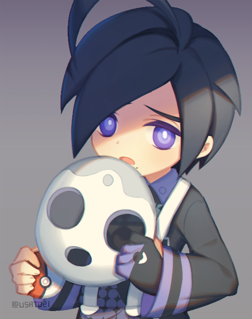 1boy ahoge allister_(pokemon) black_hair black_shirt bright_pupils collared_shirt commentary_request gloves grey_background holding holding_mask holding_poke_ball long_sleeves male_focus mask mole mole_under_mouth open_mouth partially_fingerless_gloves poke_ball poke_ball_(basic) pokemon pokemon_(game) pokemon_swsh purple_eyes shirt short_hair single_glove solo suspenders upper_body white_pupils wusagi2