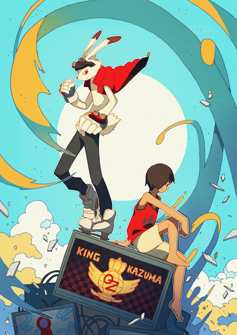 2boys barefoot black_pants brown_hair character_name closed_mouth commentary debris furry furry_male goggles goggles_on_head hair_over_one_eye highres ikezawa_kazuma king_kazma multiple_boys pants rabbit_boy red_eyes red_shirt red_vest shirt short_hair shorts sitting sleeveless sleeveless_shirt summer_wars tan tenteko_mai51 vest white_footwear white_shorts