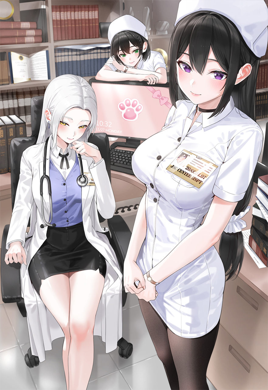 3girls black_hair black_skirt blue_shirt blush bookshelf breasts brown_pantyhose choker coat collared_dress computer desk dress green_eyes hat highres kfr large_breasts long_hair long_sleeves looking_at_viewer monitor multiple_girls nurse nurse_cap open_clothes open_coat original pantyhose parted_bangs pencil_skirt purple_eyes shirt short_dress short_hair short_sleeves sitting skirt smile stethoscope swivel_chair white_coat white_dress white_hair white_headwear yellow_eyes