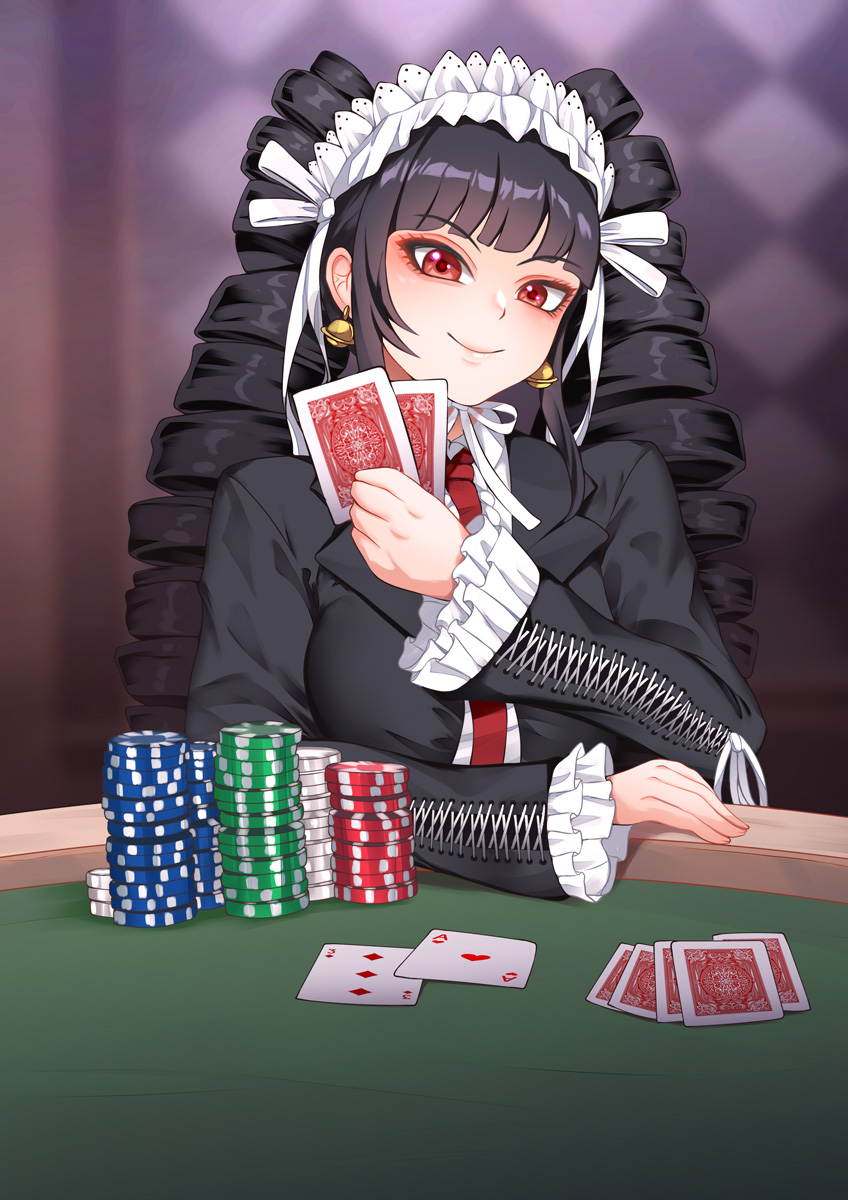 1girl black_hair black_jacket card celestia_ludenberg commission danganronpa:_trigger_happy_havoc danganronpa_(series) drill_hair earrings frilled_jacket frills hand_up haryudanto highres holding holding_card jacket jewelry long_hair long_sleeves looking_at_viewer necktie playing_card poker poker_chip red_eyes red_necktie smile solo twin_drills twintails