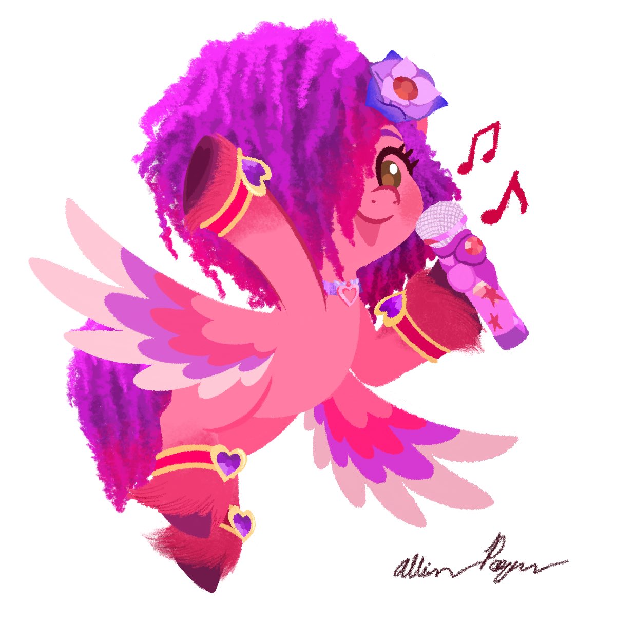 accessory afro allisonpopick blush brown_eyes digital_media_(artwork) equid equine feathers female feral fetlocks flower flower_in_hair fur hair hair_accessory hasbro hi_res holding_object hooves leg_tuft mammal microphone mlp_g5 multicolored_body multicolored_feathers multicolored_wings musical_note my_little_pony pegasus pink_body pink_feathers pink_fur plant purple_body purple_feathers purple_hair purple_tail ruby_jubilee_(mlp) signature simple_background smile spread_wings tail tuft underhoof white_background wings