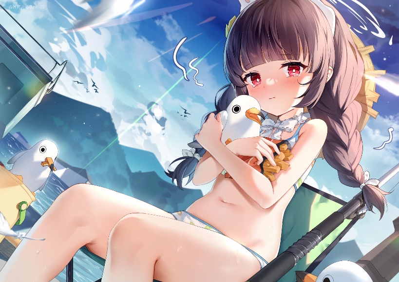 1girl animal bad_id bad_pixiv_id bare_arms bare_legs bare_shoulders bikini bird black_hair blue_archive blush braid closed_mouth day feet_out_of_frame fishing_rod flat_chest grey_halo guzangnanfeng halo leaf leaf_on_head leaf_print long_hair looking_at_viewer miyu_(blue_archive) miyu_(swimsuit)_(blue_archive) official_alternate_costume outdoors print_bikini red_eyes seagull solo swimsuit tears twin_braids white_bikini