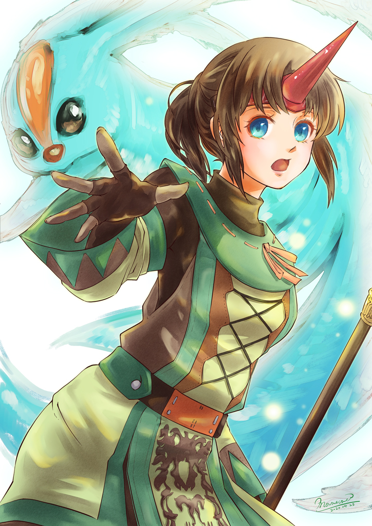 1girl 2020 adventurer_(ff11) artist_name blue_eyes brown_gloves brown_hair carbuncle_(final_fantasy) creature cross-laced_clothes dated detached_sleeves final_fantasy final_fantasy_xi fingerless_gloves gloves headband horns long_sleeves morere open_mouth orange_ribbon ponytail red_headband red_horns ribbon ribbon_trim short_hair signature single_horn solo summoner_(final_fantasy) turtleneck