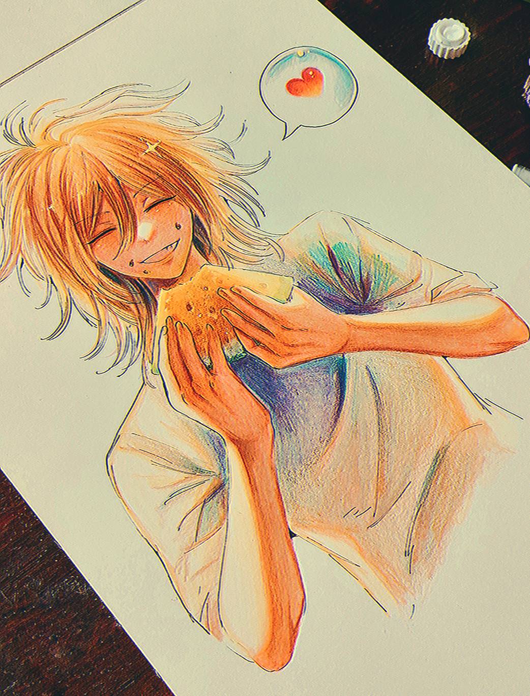 1boy blonde_hair breasts closed_eyes colored_pencil_(medium) commentary crumbs eating english_commentary food fruit grin heart highres holding holding_food holding_fruit hoshi-pan male_focus medium_breasts messy_hair open_mouth original photo_(medium) shirt short_sleeves smile solo sparkle spoken_heart teeth traditional_media upper_body watermelon watermelon_slice white_shirt