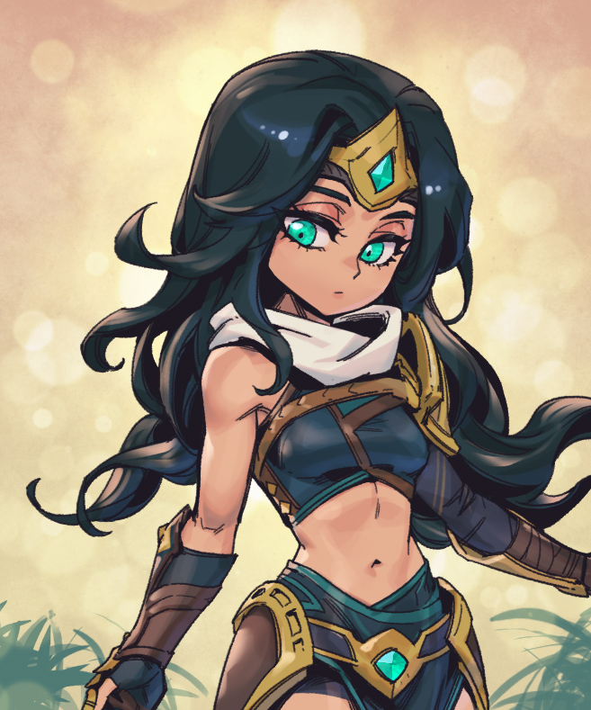 1girl armor bare_shoulders belt black_belt black_gloves black_skirt breasts brown_background closed_mouth fingerless_gloves gloves grass green_eyes league_of_legends long_hair long_sleeves looking_at_viewer medium_breasts navel phantom_ix_row sivir skirt solo stomach