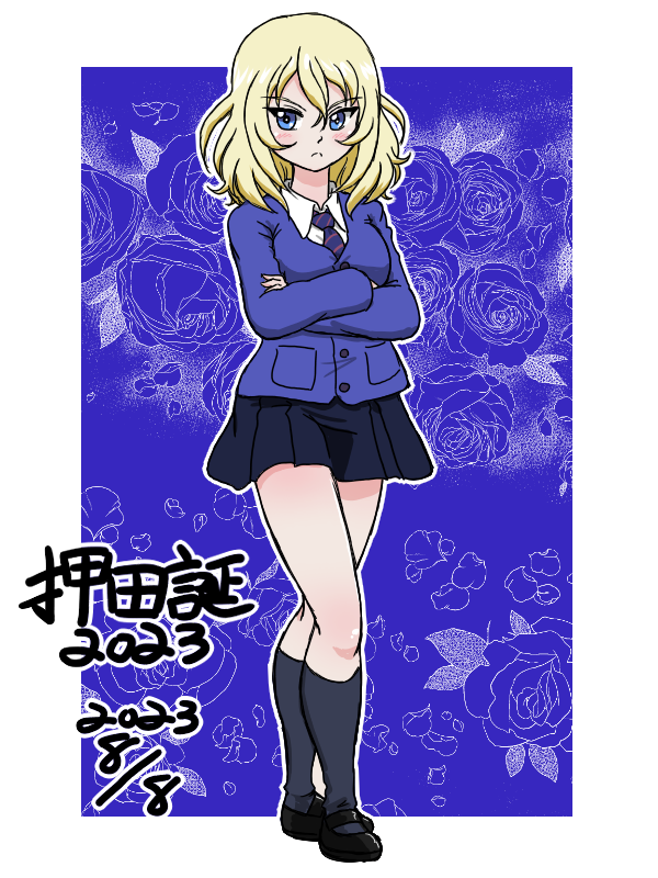 1girl 2023 bc_freedom_school_uniform birthday black_dress black_footwear black_socks blonde_hair blue_background blue_cardigan blue_eyes blue_necktie cardigan character_name closed_mouth crossed_arms dated dress dress_shirt floral_background frown full_body girls_und_panzer loafers long_sleeves looking_at_viewer mary_janes medium_hair messy_hair necktie oshida_(girls_und_panzer) outline pinafore_dress school_uniform shirt shoes short_dress sleeveless sleeveless_dress socks solo standing takahashi_kurage translated white_outline white_shirt wing_collar