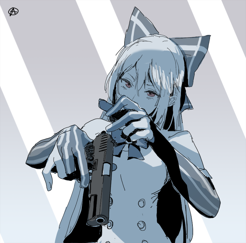 1girl bow circle_a commentary_request dress girls'_frontline gun hair_between_eyes hair_bow handgun holding holding_gun holding_weapon juliet_sleeves long_hair long_sleeves muted_color puffy_sleeves red_eyes simple_background solo tokarev_(girls'_frontline) tokarev_tt-33 upper_body weapon white_dress