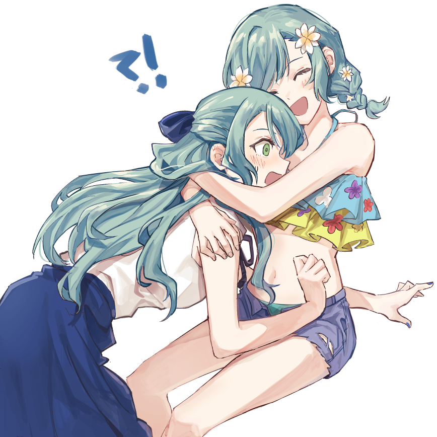 !? 2girls akni aqua_hair bang_dream! blue_nails blue_skirt blush braid closed_eyes denim_bikini face_to_breasts flower green_eyes hair_flower hair_ornament hikawa_hina hikawa_sayo hug incest long_hair medium_hair multiple_girls shirt siblings sisters skirt smile surprised swimsuit twincest twins white_background white_shirt yuri