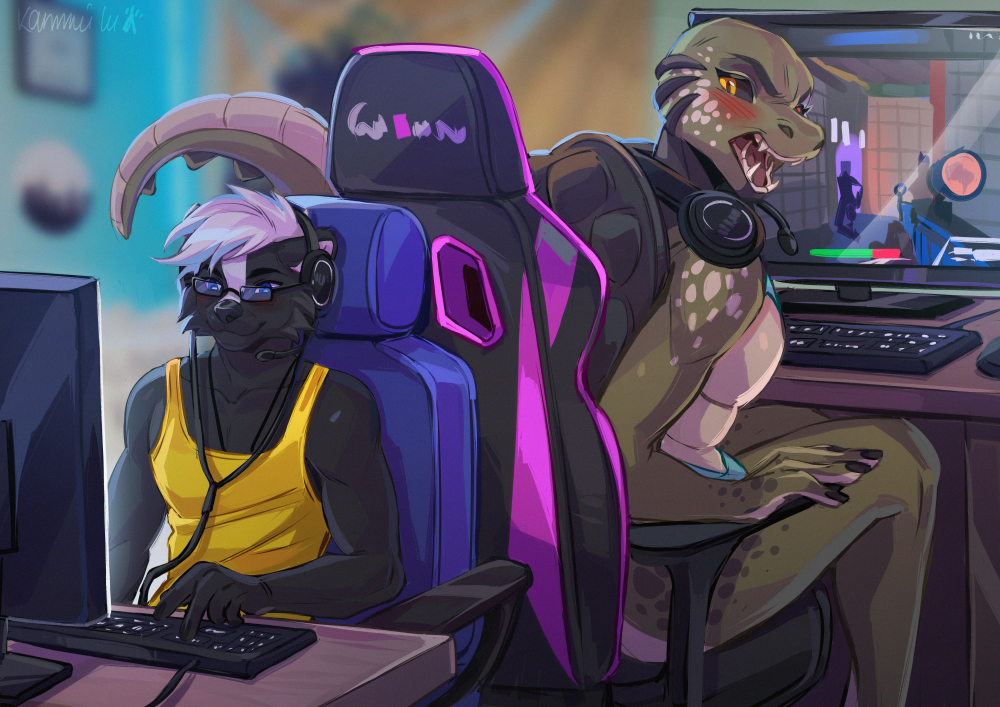 angry anthro ariana_'ari'_(darkflamewolf) blush chair computer_keyboard crocodile crocodilian crocodylid duo eyewear female furniture game_screen gaming gaming_chair glasses headgear headphones headset headset_microphone hybrid interspecies kammi-lu keyboard legend_of_ahya male mammal mephitid monitor playing_videogame reptile scalie shell sitting size_difference skunk steven_stinkman tortoise turtle video_game_reference