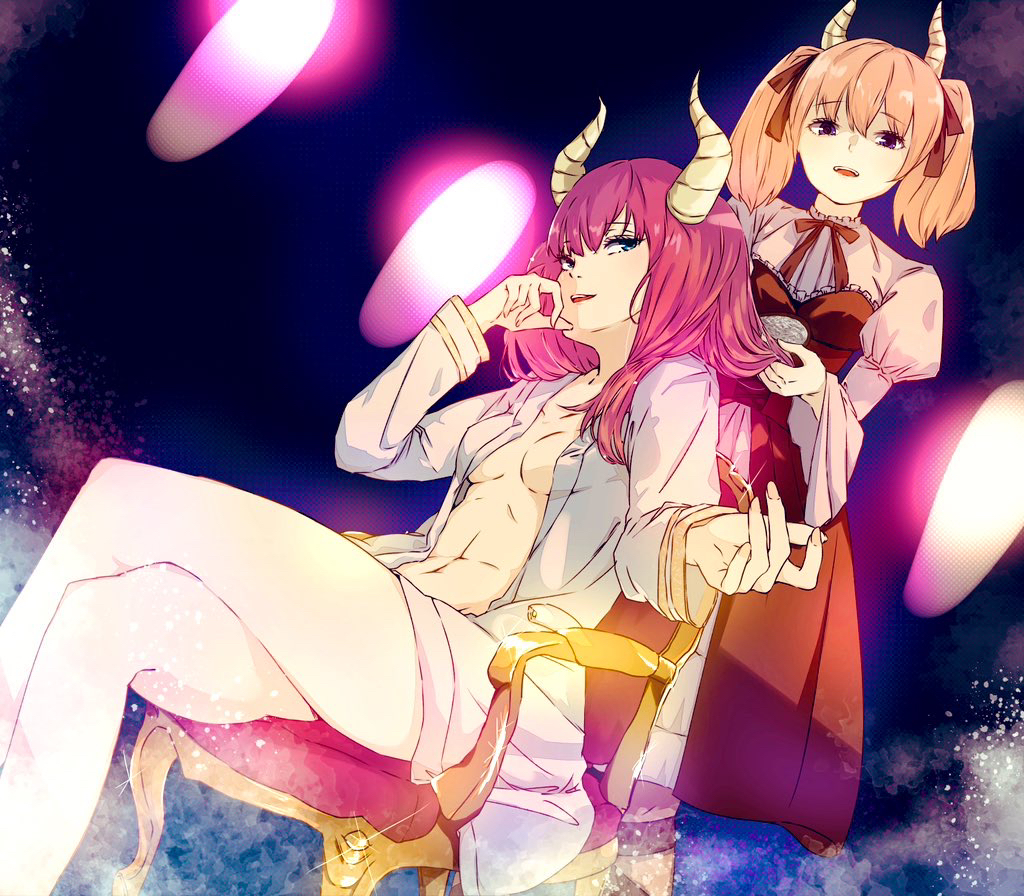 2girls aura_(sousou_no_frieren) blue_eyes breasts chair crossed_legs dress hair_ribbon horns linie_(sousou_no_frieren) multiple_girls navel open_clothes open_shirt orange_hair pink_hair purple_eyes red_dress red_ribbon ribbon sexysinsi2 shirt short_twintails sitting small_breasts sousou_no_frieren standing twintails white_shirt