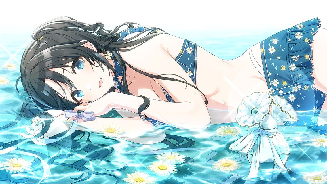 1girl armpit_crease bare_shoulders bikini bikini_skirt black_hair blue_bikini blue_eyes blush bottle breasts caustics choker cleavage collarbone commentary cowboy_shot earrings floral_print flower_earrings flower_on_liquid frilled_bikini frills game_cg groin hair_tie idolmaster idolmaster_shiny_colors jewelry layered_bikini lens_flare long_hair looking_at_viewer lying mitsumine_yuika official_art on_side outdoors parted_lips partially_submerged perfume_bottle ribbon single_earring small_breasts smile solo sparkle stomach swimsuit two_side_up water water_drop wet