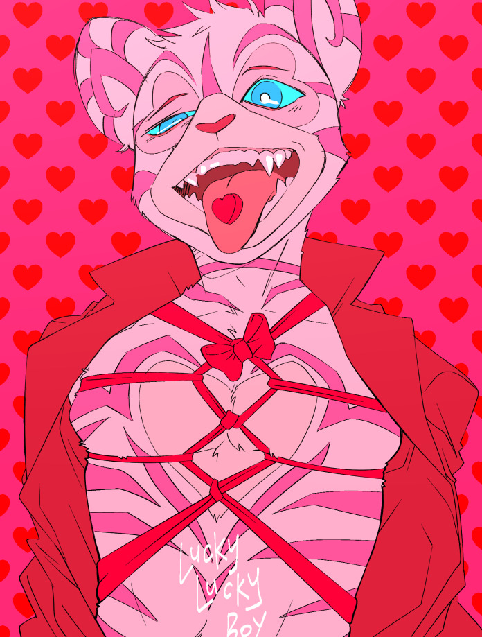 anthro bdsm blue_eyes bondage bound candy clothed clothing dessert destielconfession_(karina_farek) drawfee drawfee_(copyright) english_text fangs food food_in_mouth fur heart_(marking) holidays jumpstart_games karina_farek kougra male markings neopet_(species) neopets open_clothing open_shirt open_topwear restraints rope rope_bondage rope_harness round_ears sharp_teeth shirt solo striped_body striped_fur stripes teeth text tongue tongue_out topwear valentine's_day