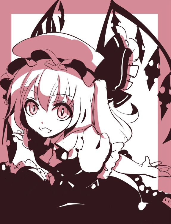 1girl ascot commentary_request crystal flandre_scarlet greyscale hat hat_ribbon looking_at_viewer medium_hair mob_cap monochrome nagare one_side_up open_mouth ribbon short_sleeves skirt solo touhou vest wings