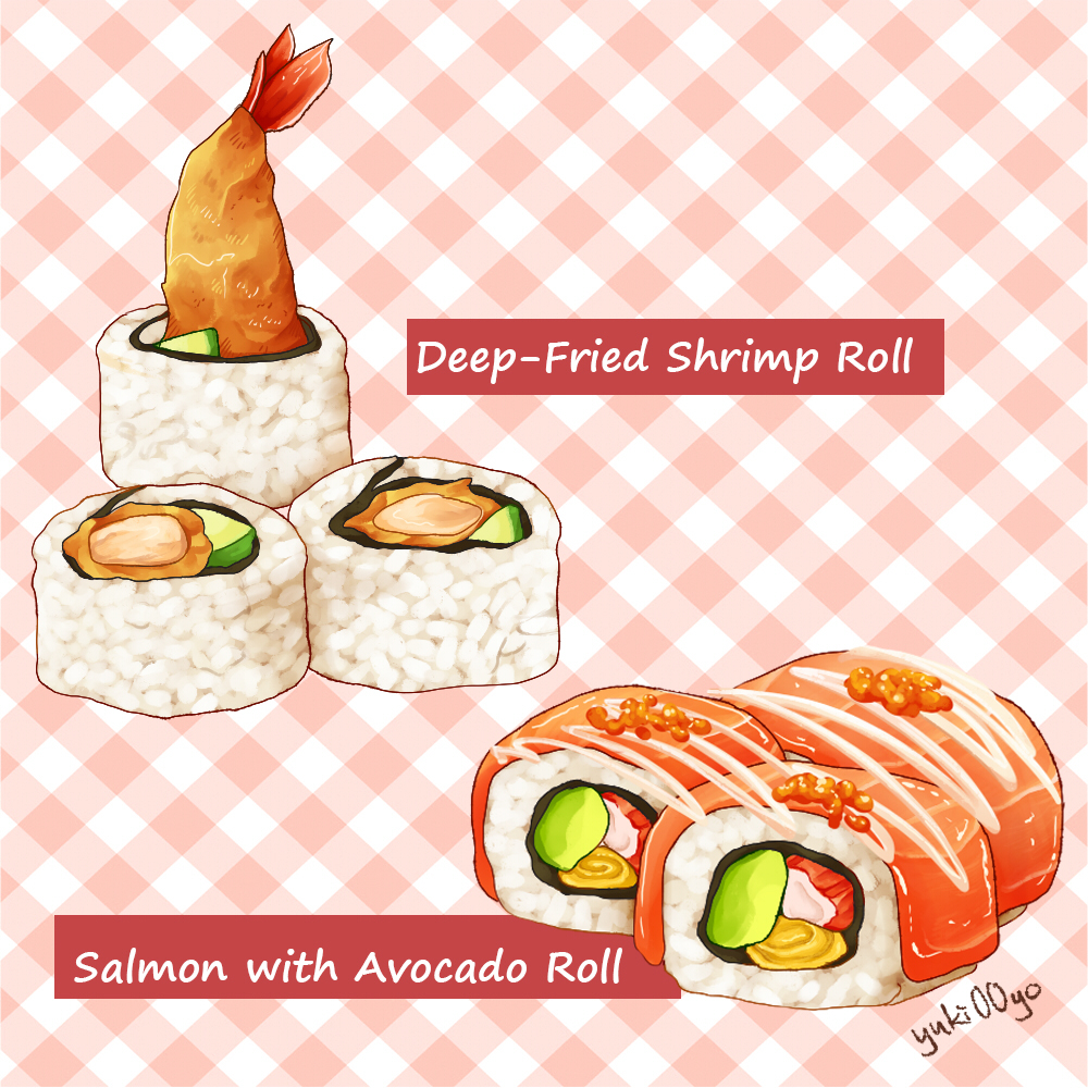 artist_name avocado commentary egg_(food) english_commentary english_text fish_(food) food food_focus food_name mayonnaise no_humans original plaid plaid_background red_background rice roe salmon shrimp signature simple_background still_life tempura uramaki yuki00yo