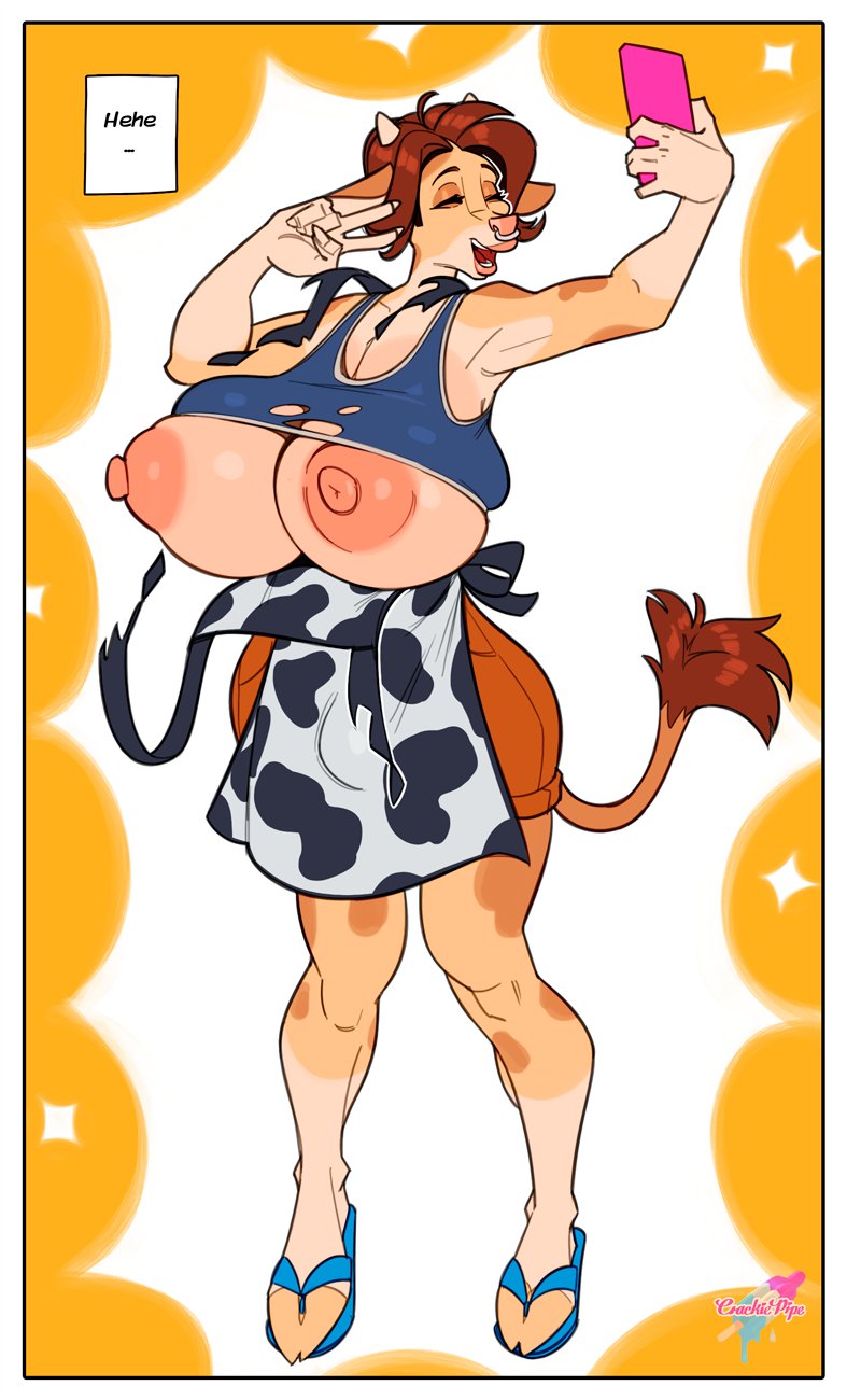 animal_print anthro apron areola big_areola big_breasts big_nipples bottomwear bovid bovine breast_growth breasts brown_hair bulge cattle clothing cow_print crackiepipe crackiepipe_(character) eyes_closed facial_piercing flip_flops footwear gender_transformation gesture growth gynomorph hair hi_res hooves horn huge_areola huge_breasts huge_nipples hyper hyper_breasts intersex male_(lore) mammal mtg_transformation mti_transformation nipples nose_piercing nose_ring piercing pink_nipples raised_tail ring_piercing sandals selfie shirt shorts smile solo species_transformation spots spotted_body tail tank_top topwear torn_clothing transformation under_boob v_sign wardrobe_malfunction