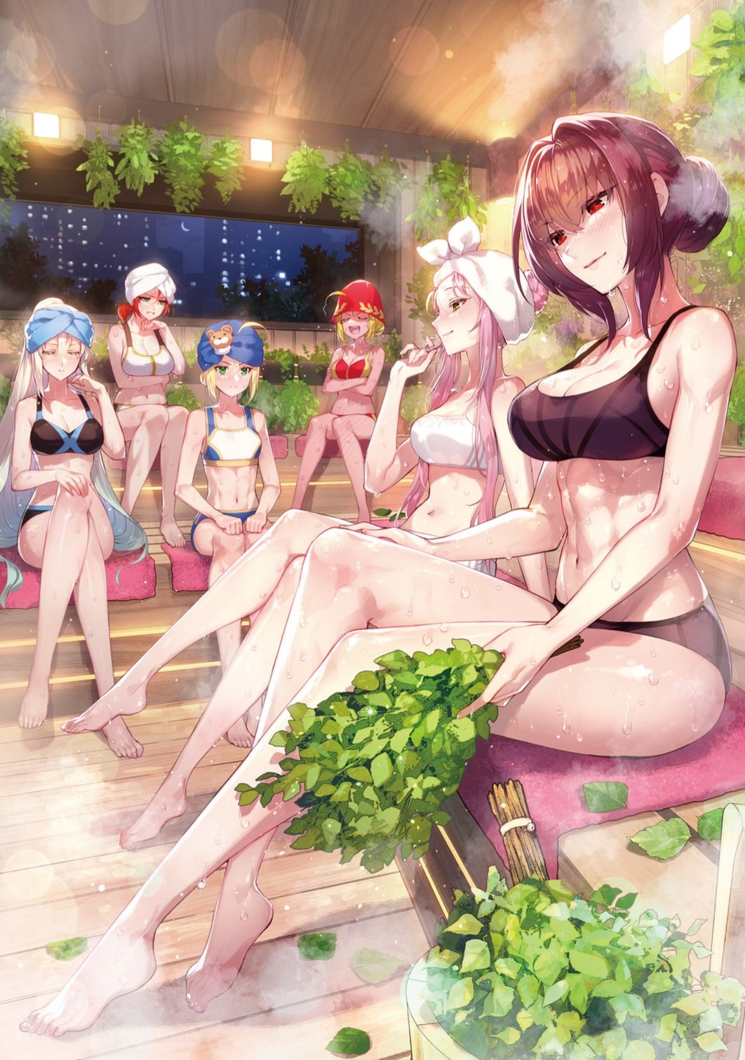 6+girls abs ahoge arm_under_breasts artoria_pendragon_(fate) bad_link barefoot bikini blonde_hair blue_eyes boudica_(fate) breasts cleavage closed_eyes crescent_moon crossed_legs fate/grand_order fate_(series) feet hair_bun hands_on_own_legs highres large_breasts legs medb_(fate) moon morgan_le_fay_(fate) multiple_girls nero_claudius_(fate) official_art open_mouth pink_hair plant ponytail red_eyes red_hair redrop sauna scathach_(fate) single_hair_bun skyline small_breasts smile steam sweat swimsuit toenails toes towel towel_on_head white_hair window wooden_floor