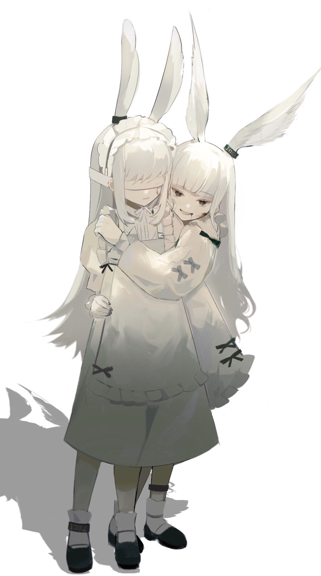 2girls animal_ears apron arms_around_neck black_bow black_footwear blunt_bangs bow bow_apron commentary covered_eyes dress ear_tag english_commentary expressionless frilled_apron frilled_sleeves frills full_body grey_bow grin hand_on_another's_hip highres hug leg_tag liquid_from_mouth long_hair long_sleeves looking_at_viewer mary_janes medium_dress mizu_(shir_ley) multiple_girls neck_ribbon open_mouth original puffy_long_sleeves puffy_sleeves rabbit_ears red_eyes ribbon shadow shoes sleeve_bow smile socks straight_hair teeth white_apron white_background white_blindfold white_dress white_hair white_headwear white_ribbon white_socks