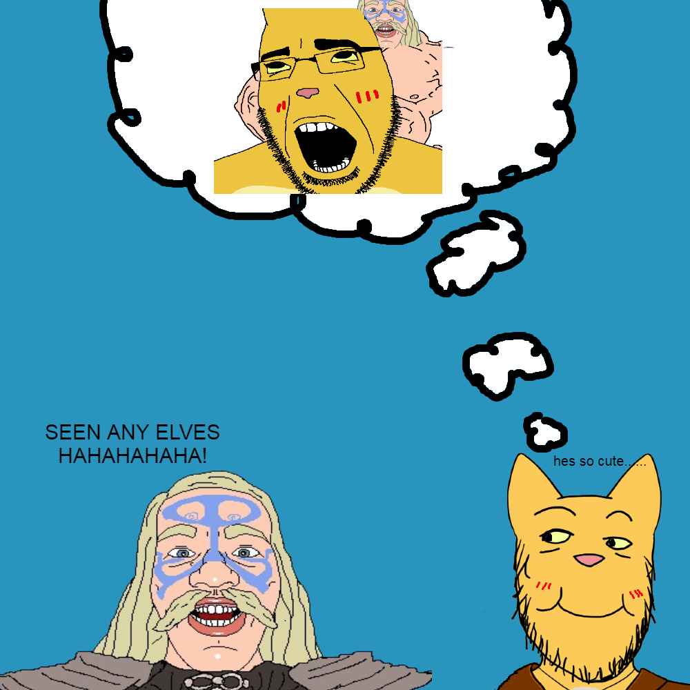 anal anonymous_artist anthro anthro_penetrated armor beard bethesda_softworks blonde_hair blue_eyes blush bodypaint cobson duo eyewear face_paint facial_hair felid feline felis fur glasses hair human human_on_anthro human_penetrating human_penetrating_anthro interspecies katia_managan khajiit male male/male mammal nude oblivion penetration prequel_adventure sex simple_background soyjak teeth text the_elder_scrolls though_bubble webcomic yellow_body yellow_fur