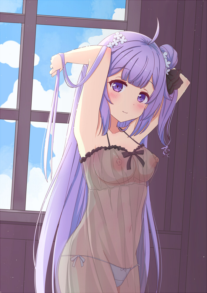1girl ahoge armpits arms_behind_head azur_lane black_ribbon blue_sky blush breasts closed_mouth cloud commentary_request flower hair_bun hair_flower hair_ornament hair_ribbon indoors kasumi_neko long_hair looking_at_viewer medium_breasts navel negligee nipples panties partial_commentary purple_eyes purple_hair ribbon see-through side-tie_panties single_side_bun sky smile solo standing stomach underwear unicorn_(azur_lane) upper_body very_long_hair white_panties