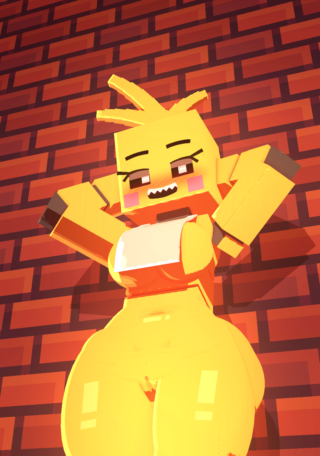 3d_(artwork) avian big_breasts bird blonde_hair blush breasts chica chica_(fnaf) chicken coresvoid digital_media_(artwork) female five_nights_at_freddy's five_nights_at_freddy's_2 galliform gallus_(genus) hair hi_res humanoid looking_at_viewer machine microsoft mine-imator minecraft mojang phasianid robot robot_humanoid scottgames sharp_teeth simple_background smile smooth_skin teeth thick_thighs thighs toy_chica_(fnaf) xbox_game_studios yellow_body