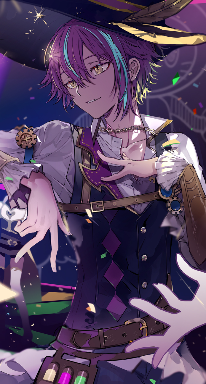 1boy belt_buckle blue_hair buckle buttons collared_shirt commentary_request confetti cowboy_shot gears hair_between_eyes hand_on_own_chest highres kamishiro_rui long_sleeves male_focus multicolored_hair official_alternate_costume parted_lips partial_commentary project_sekai purple_hair revival_my_dream_(project_sekai) shirt short_hair solo streaked_hair suou_(sdurorhr) two-tone_hair vest yellow_eyes