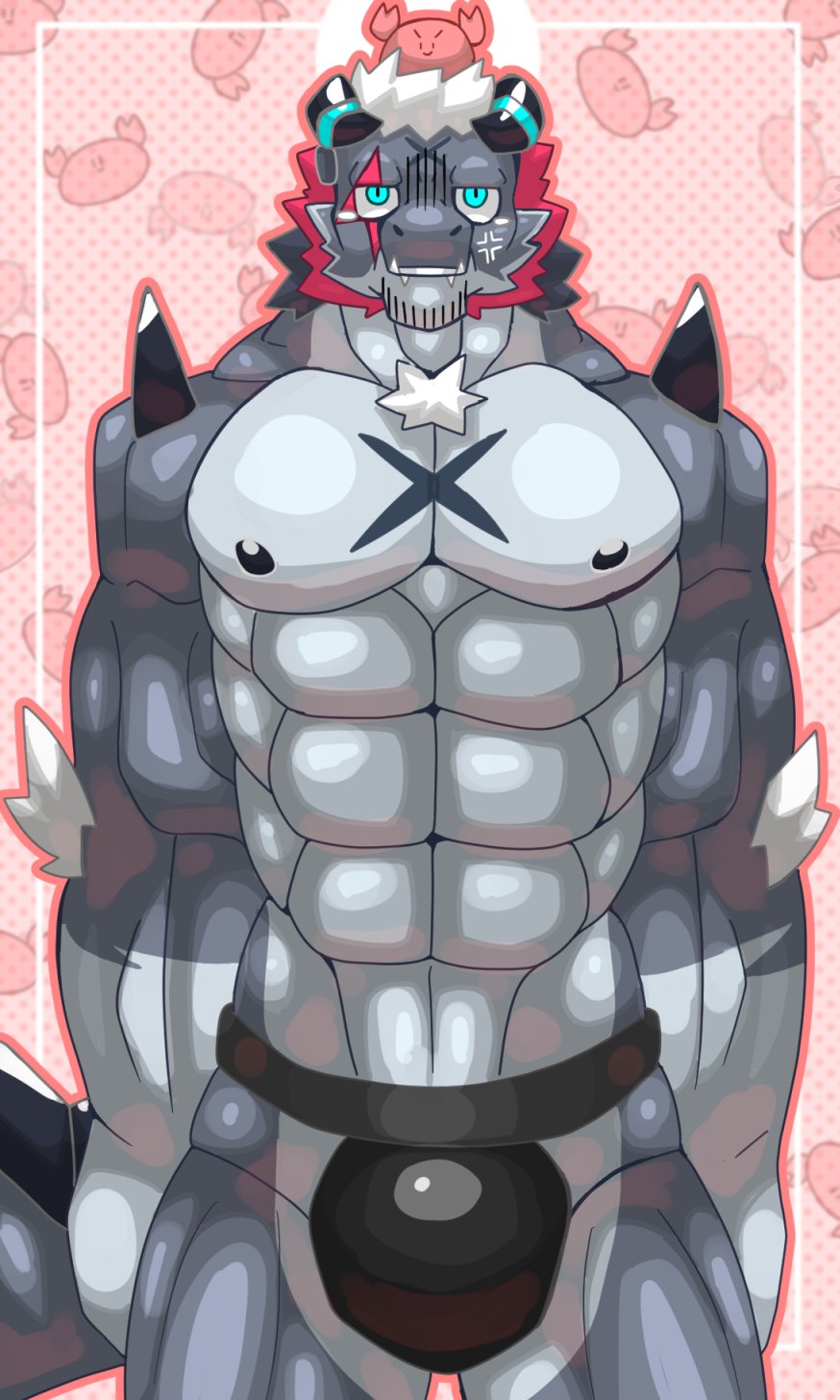 abs anthro arthropod blue_eyes bulge clothing crab crustacean decapoda dragon giansar grey_body hair hi_res horn lifewonders live_a_hero malacostracan male marine muscular muscular_anthro muscular_male omame_wakuwaku pecs solo speedo swimwear white_hair