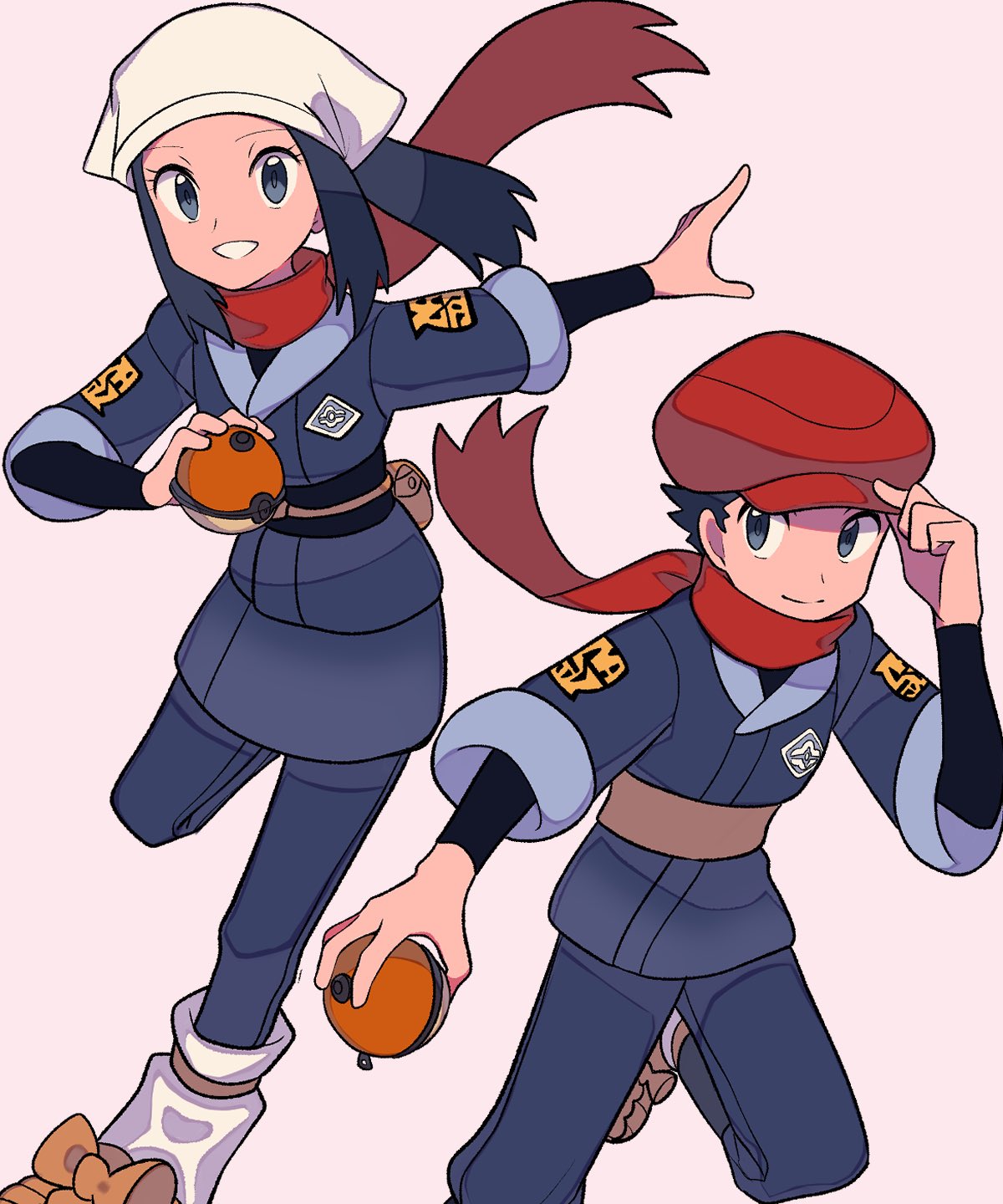 1boy 1girl akari_(pokemon) black_hair black_shirt closed_mouth eyelashes floating_scarf grey_eyes grin hand_on_headwear hand_up hat head_scarf highres holding holding_poke_ball jacket leg_up logo looking_at_viewer loose_socks pantyhose poke_ball poke_ball_(legends) pokemon pokemon_(game) pokemon_legends:_arceus red_headwear red_scarf rei_(pokemon) scarf shirt shoes short_hair skirt smile socks split_mouth teeth tyako_089 white_headwear