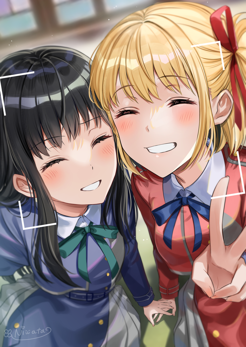 2girls belt black_hair blonde_hair blue_belt blue_dress blue_ribbon blush camera camera_lens closed_eyes collared_shirt commentary_request dress friends green_ribbon grey_dress highres holding holding_camera holding_hands inoue_takina long_hair long_sleeves lycoris_recoil lycoris_uniform multiple_girls neck_ribbon nishikigi_chisato niwata0 pleated_dress red_dress red_ribbon ribbon shirt short_hair signature smile two-tone_dress v viewfinder white_shirt yuri