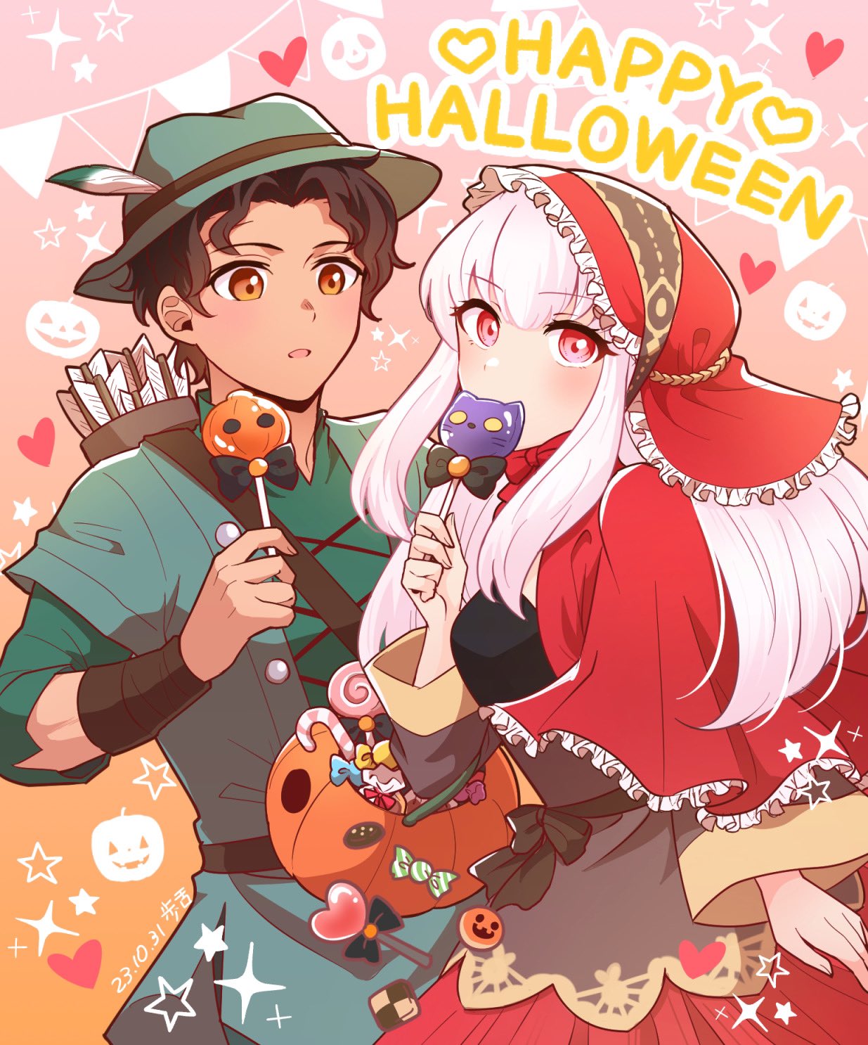 1boy 1girl alukubero arrow_(projectile) brown_eyes candy cyril_(fire_emblem) dark-skinned_male dark_skin fire_emblem food halloween halloween_costume highres holding holding_candy holding_food holding_lollipop jack-o'-lantern lollipop looking_at_viewer lysithea_von_ordelia quiver sidelocks white_hair