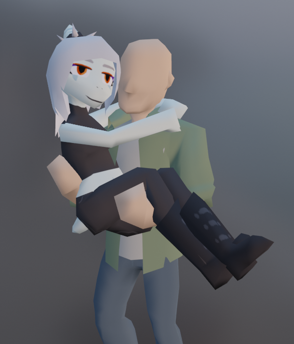 3d_(artwork) anon_(snoot_game) anthro bald blue_body boots carrying carrying_another carrying_partner carrying_position clothed clothing digital_media_(artwork) dinosaur duo fang_(gvh) featureless_face female footwear goodbye_volcano_high hair human long_hair low_poly makeup male mammal orange_eyes pterodactylus pterosaur reptile scalie silver_hair simple_background snoot_game_(fan_game) standing unknown_artist wings