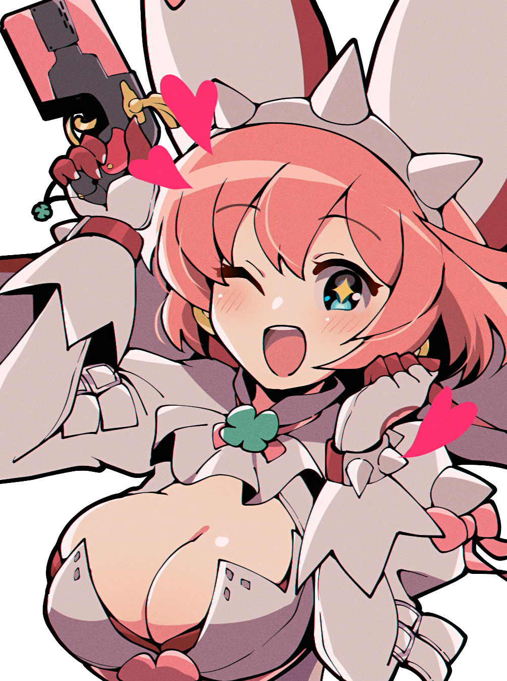 1girl ahoge ascot blue_eyes blush bracelet breasts bridal_veil cleavage_cutout clothing_cutout clover dress elbow_gloves elphelt_valentine four-leaf_clover gloves guilty_gear guilty_gear_xrd gun hairband highres holding holding_gun holding_weapon huge_ahoge itsuka_neru jewelry juliet_sleeves large_breasts long_sleeves looking_at_viewer medium_hair open_mouth pink_hair puffy_sleeves smile spiked_bracelet spiked_hairband spikes veil weapon wedding_dress white_ascot white_gloves