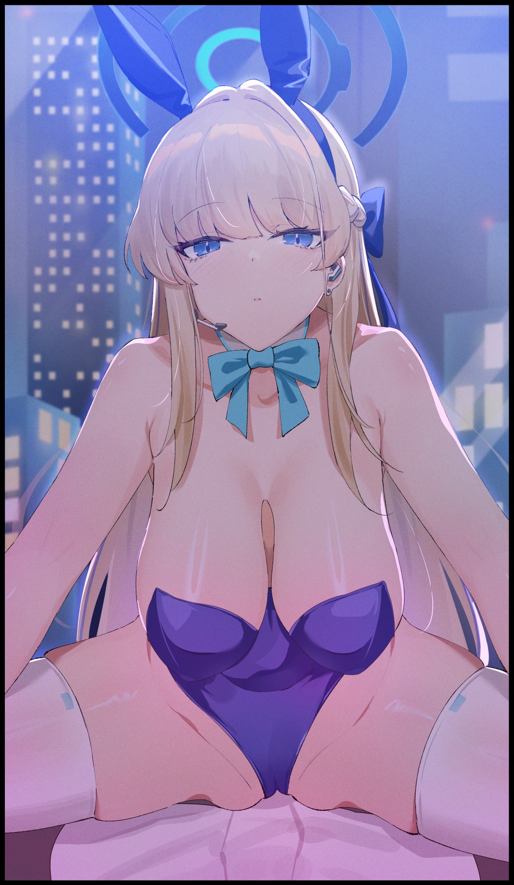 1boy 1girl animal_ears bare_shoulders blonde_hair blue_archive blue_eyes blue_leotard blush breasts cleavage detached_collar earpiece fake_animal_ears hair_ribbon highleg highleg_leotard highres kakumayu large_breasts leotard long_hair looking_at_viewer official_alternate_costume playboy_bunny rabbit_ears ribbon sitting sitting_on_person spread_legs strapless strapless_leotard thighhighs toki_(blue_archive) toki_(bunny)_(blue_archive) translated very_long_hair white_thighhighs wrist_cuffs