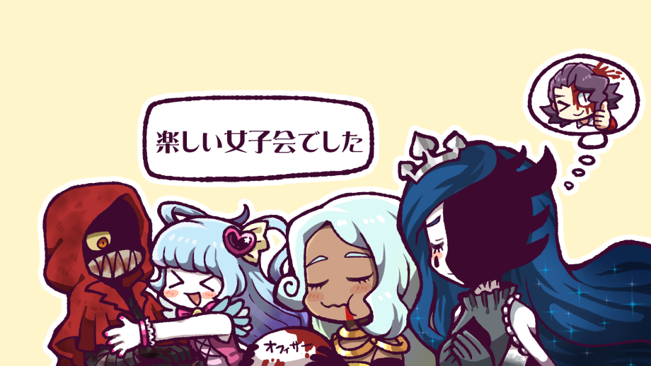 &gt;_&lt; &gt;_o 1boy 4girls black_gloves blood blood_on_face blue_hair cape chewing closed_eyes closed_mouth colored_sclera colored_skin commentary_request dark-skinned_female dark_skin employee_(lobotomy_corporation) eyes_in_shadow gloves grey_gloves hair_ornament hatake_shimeji heart heart_hair_ornament hood hood_up hooded_cape hug king_of_greed knight_of_despair light_blue_hair little_red_riding_hooded_mercenary lobotomy_corporation long_hair mask mouth_mask multiple_girls one_eye_closed open_mouth outline pink_nails pink_shirt project_moon purple_hair queen_of_hatred red_cape red_eyes shirt short_hair simple_background smile thumbs_up tiara translated two_side_up white_outline white_skin wrist_cuffs yellow_background yellow_sclera