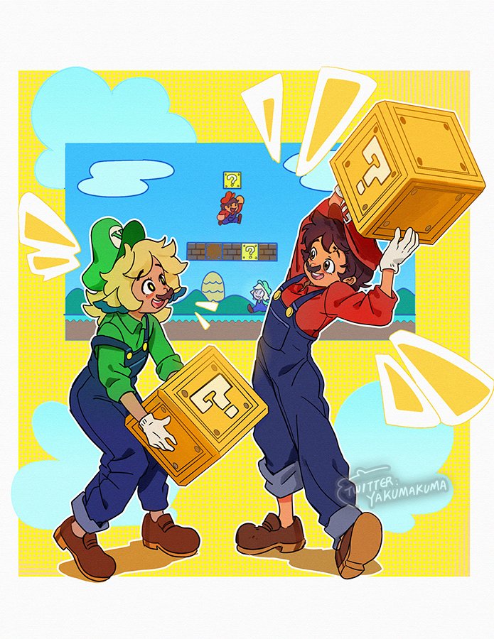 2girls ?_block blue_overalls brown_footwear brown_hair collared_shirt cosplay eyebrow_cut facial_hair fake_facial_hair fake_mustache gloves green_headwear hat kuma20151225 luigi luigi_(cosplay) luz_noceda mario mario_(cosplay) mario_(series) multiple_girls mustache open_mouth overalls red_headwear scar shirt the_owl_house vee_(the_owl_house) white_gloves