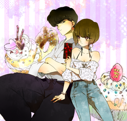 1boy 1girl animal_print bad_id bad_pixiv_id bare_shoulders black_eyes black_hair black_pants blue_pants blunt_bangs blunt_ends blush bow box box_of_chocolates bracelet breasts bright_pupils brown_eyes brown_hair chitta_(harinezumixxx) cleavage collarbone commentary couple crossed_arms cupcake denim doughnut dougi earrings food fruit gift gift_box giving hair_bobbles hair_ornament hakama hakama_pants halterneck hand_on_another's_leg heart height_difference holding holding_box holding_food holding_gift hoop_earrings japanese_clothes jeans jewelry kunou_tatewaki leaning_on_person leaning_to_the_side leopard_print light_blush light_smile long_sleeves looking_at_another looking_down looking_to_the_side looking_up lowres off-shoulder_shirt off_shoulder pants pink_background ranma_1/2 red_bow red_nails red_ribbon ribbon shirt shirt_bow short_hair side-by-side sitting small_breasts smile sprinkles strawberry striped striped_background tendou_nabiki valentine vertical_stripes white_background white_bow white_pupils