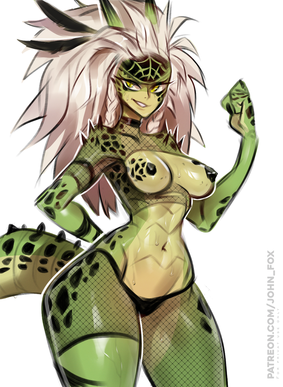 5_fingers animal_humanoid anthro big_breasts blonde_hair bodily_fluids bottomwear breasts clothing collar female fingers fishnet fishnet_clothing fishnet_legwear gradient_hair green_body green_scales hair hi_res horn horned_humanoid humanoid johnfoxart legwear long_hair looking_at_viewer monster monstrous_humanoid nipples one-punch_man one_(manga) raptora red_hair reptera reptile reptile_humanoid scales scalie scalie_humanoid smile solo spots spotted_body weapon yellow_body yellow_eyes yellow_sclera