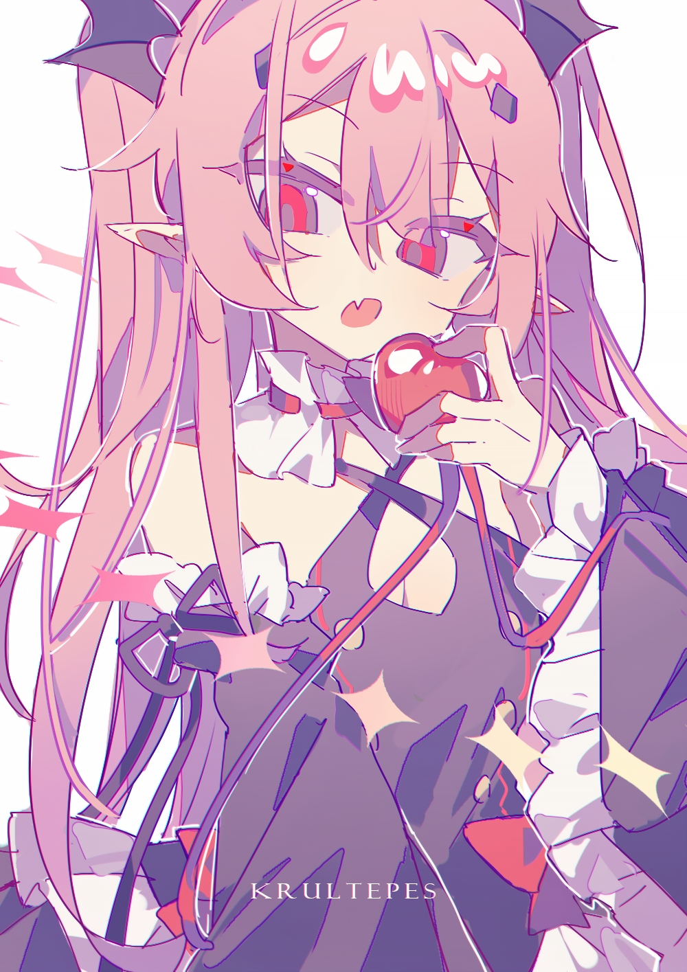 1girl :o apple black_bow black_sleeves bow breasts character_name cleavage cleavage_cutout clothing_cutout criss-cross_halter detached_collar detached_sleeves dress fang food fruit hair_between_eyes hair_bow halterneck highres holding holding_food holding_fruit krul_tepes long_hair long_sleeves looking_at_viewer open_mouth owari_no_seraph pink_hair pointy_ears raised_eyebrows red_apple red_eyes sen_(5710265) sidelocks simple_background skin_fang sleeveless sleeveless_dress small_breasts solo twintails upper_body white_background
