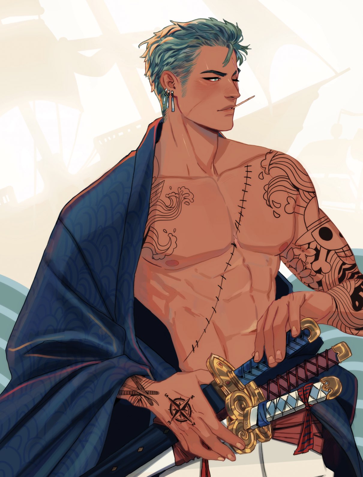 1boy abs arm_tattoo bara bare_pectorals dark-skinned_male dark_skin earrings green_hair hand_on_weapon hand_tattoo highres japanese_clothes jewelry male_focus nipples one_eye_closed one_piece pectorals roronoa_zoro scar scar_across_eye scar_on_chest short_hair sideburns single_earring siobhanchiffon solo sword tattoo toned toned_male toothpick weapon