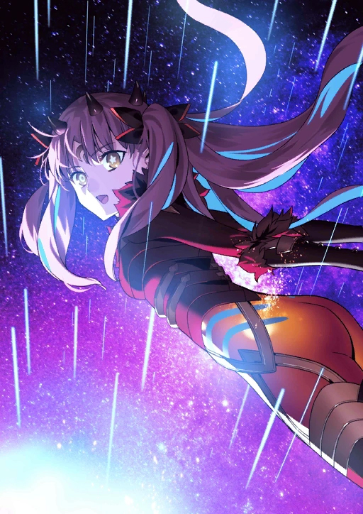 :d ass black_gloves blue_hair bodysuit crescent crescent_facial_mark facial_mark fate/grand_order fate_(series) floating_hair fur_trim gloves horns ishtar_(fate) long_hair morii_shizuki official_art pink_hair red_bodysuit smile space space_ishtar_(fate) space_ishtar_(third_ascension)_(fate) symbol-shaped_pupils twintails