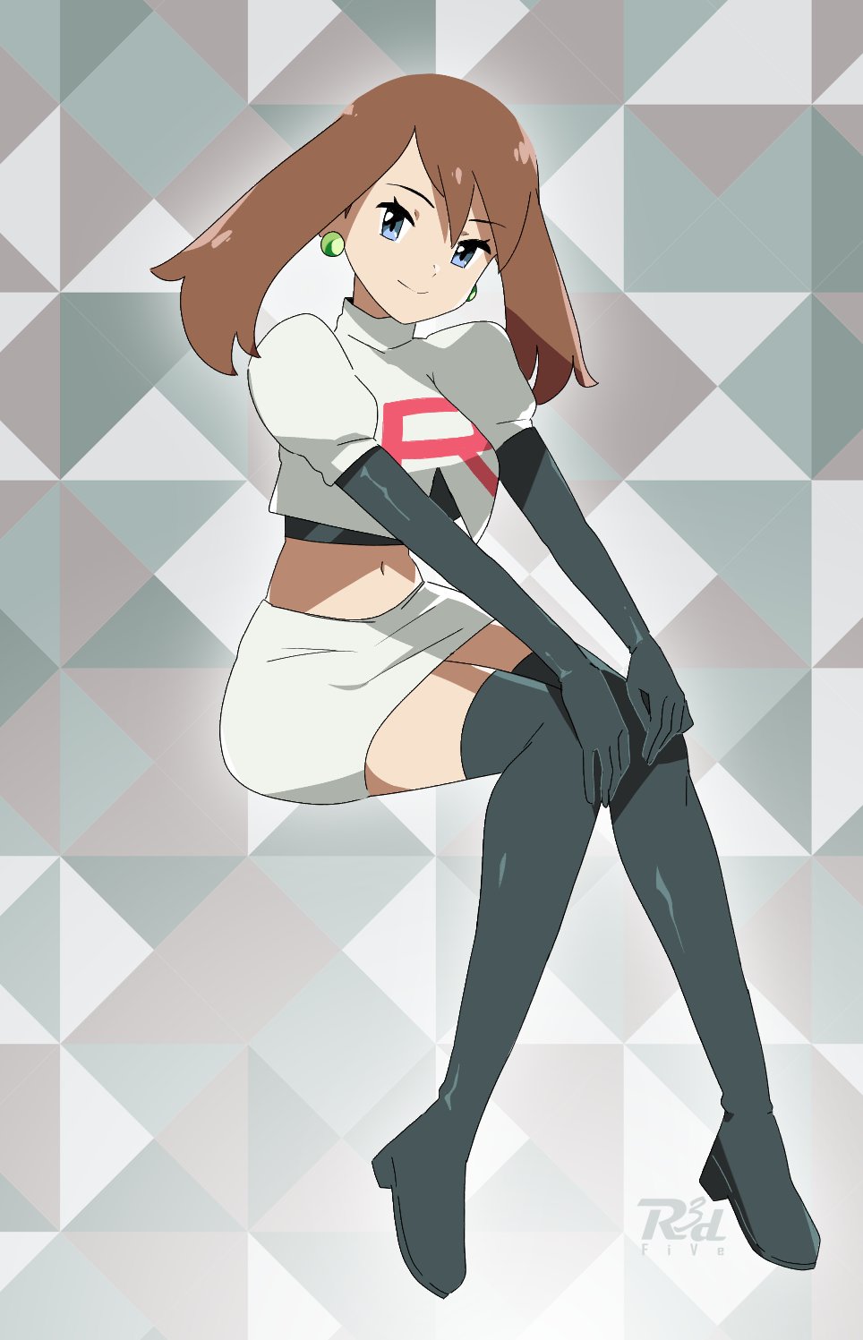 1girl blue_eyes boots breasts brown_hair cosplay cropped_shirt earrings elbow_gloves gloves grey_footwear grey_gloves highres invisible_chair jessie_(pokemon) jessie_(pokemon)_(cosplay) jewelry looking_at_viewer may_(pokemon) medium_breasts medium_hair midriff navel patterned_background pokemon pokemon_(game) pokemon_rgby puffy_sleeves r3dfive shirt sitting smile solo team_rocket team_rocket_uniform thigh_boots white_shirt