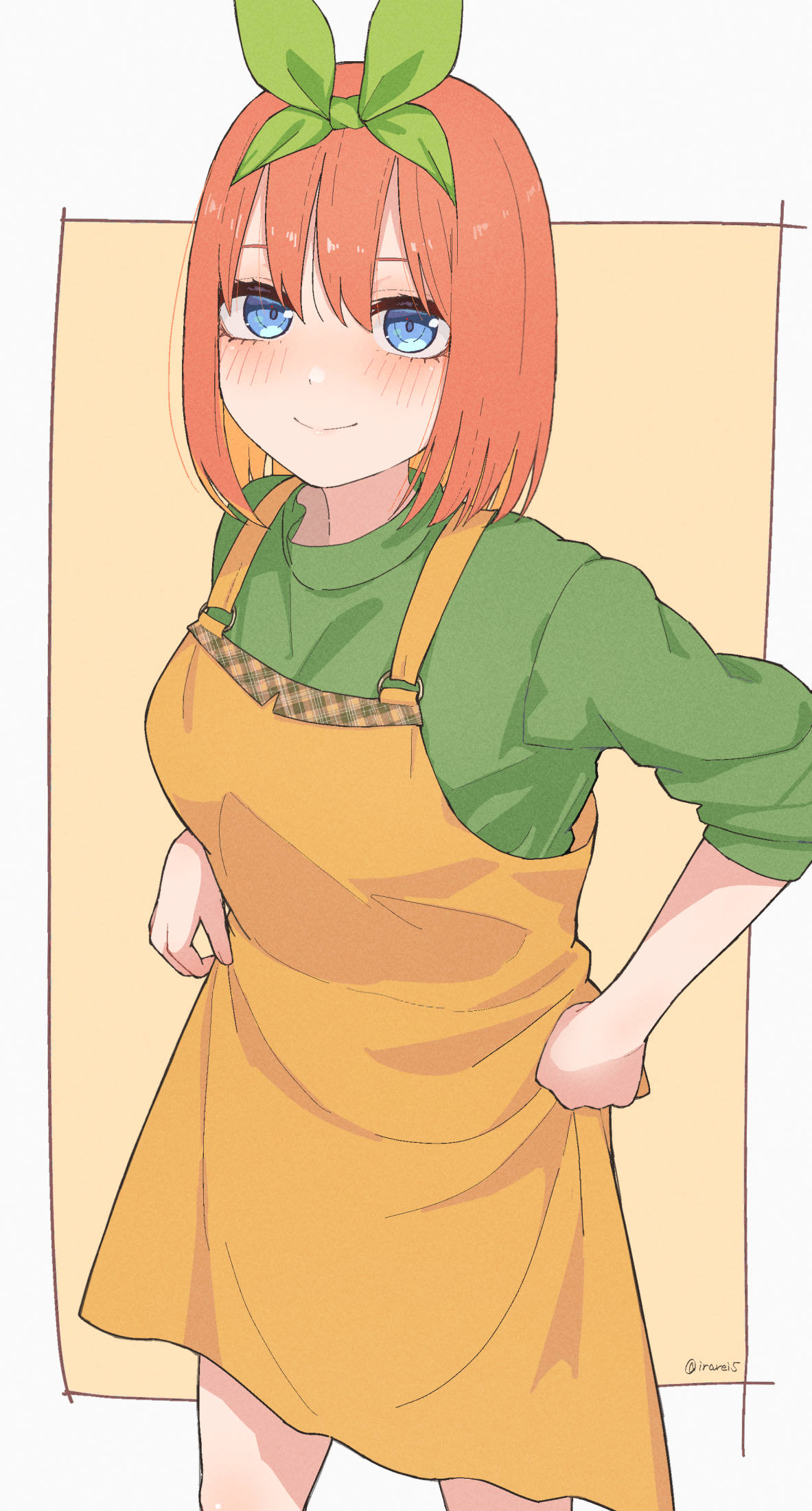 1girl apron blue_eyes blush bob_cut breasts closed_mouth commentary_request cowboy_shot go-toubun_no_hanayome green_ribbon green_sweater hair_between_eyes hair_ribbon highres irarei_(araisanblog) looking_at_viewer making-of_available medium_hair nakano_yotsuba orange_hair psd_available ribbon sleeves_rolled_up smile solo standing sweater yellow_apron