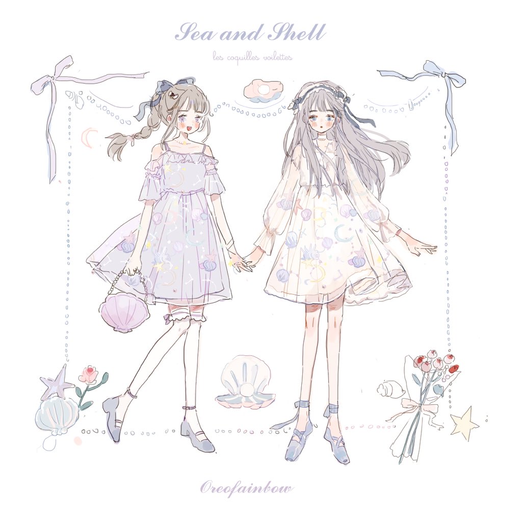 2girls artist_name bag bare_shoulders blue_bow blue_eyes blue_footwear blue_hairband blush_stickers bouquet bow bow_legwear braid braided_ponytail brown_hair choker commentary conch constellation_print crescent_print cross-laced_footwear dress english_commentary english_text flower flower_request french_text frilled_hairband frilled_sleeves frilled_thighhighs frills full_body gem grey_hair hair_bow hairband high_heels holding holding_bag lace-trimmed_choker lace_trim layered_dress lolita_fashion lolita_hairband long_hair long_sleeves mixed-language_text multiple_girls open_mouth orange_bow original oyster parted_lips pearl_(gemstone) pink_flower pumps purple_bag purple_bow purple_dress purple_eyes putong_xiao_gou red_flower seashell_print see-through_dress_layer shell_bag shoes short_dress short_sleeves smile spaghetti_strap star_(symbol) straight-on straight_hair thighhighs white_background white_choker white_dress white_thighhighs