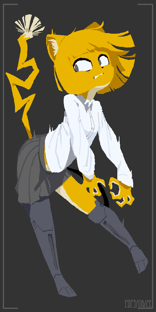 1:2 2023 anthro bangs blonde_hair bottomwear clothing cybernetic_leg cybernetic_limb domestic_cat felid feline felis female fur hair lemon_(page) mammal page_(artist) skirt solo yellow_body yellow_fur