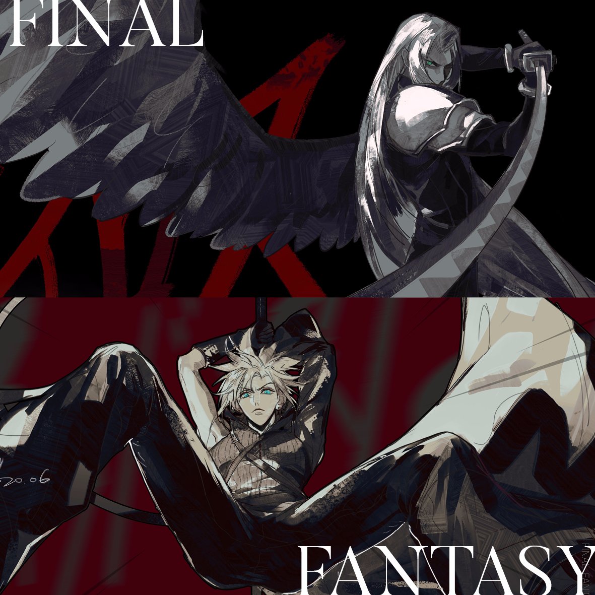 2boys armor arms_up asymmetrical_arms attack black_background black_coat black_gloves black_pants black_wings blonde_hair blue_eyes chest_strap chinese_commentary cloud_strife coat commentary_request elbow_gloves english_text feathered_wings fighting_stance final_fantasy final_fantasy_vii final_fantasy_vii_advent_children from_below glaring gloves green_eyes high_collar holding holding_sword holding_weapon incoming_attack jumping katana long_hair long_sleeves male_focus moyna multiple_boys pants pauldrons red_background sephiroth serious short_hair shoulder_armor single_wing sleeveless sleeveless_turtleneck slit_pupils spiked_hair sword turtleneck upper_body weapon white_hair wings