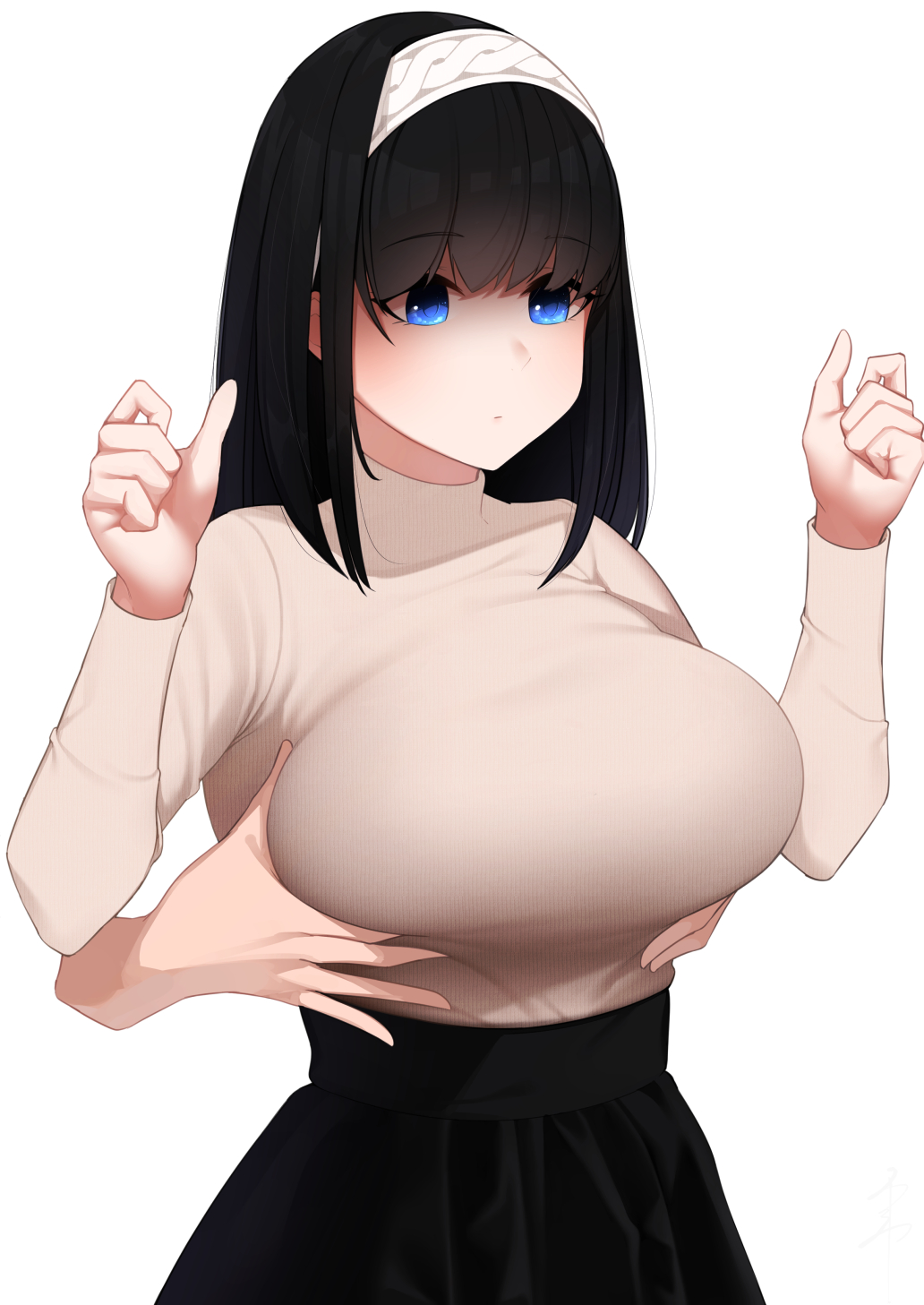 1girl 1other black_hair black_skirt blue_eyes blush breasts brown_shirt deep_skin disembodied_limb expressionless grabbing grabbing_another's_breast grabbing_from_behind hairband hands_up highres idolmaster idolmaster_cinderella_girls large_breasts long_sleeves looking_down pleated_skirt revision sagisawa_fumika senju_(snz0) shaded_face shirt shirt_tucked_in simple_background skirt white_background white_hairband