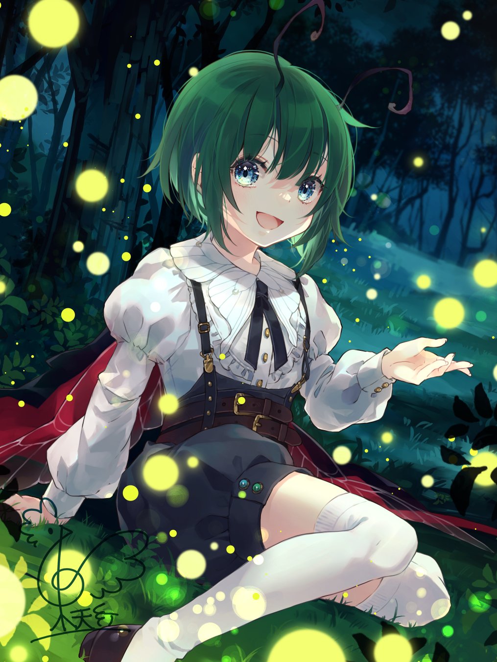 1girl :d adapted_costume antennae arm_support blue_eyes bug cape commentary_request embellished_costume firefly foot_out_of_frame forest grass green_hair hair_between_eyes highres juliet_sleeves long_sleeves looking_at_viewer nature night on_ground open_mouth over-kneehighs puffy_sleeves short_hair sitting smile solo thighhighs touhou toutenkou tree white_thighhighs wriggle_nightbug yokozuwari