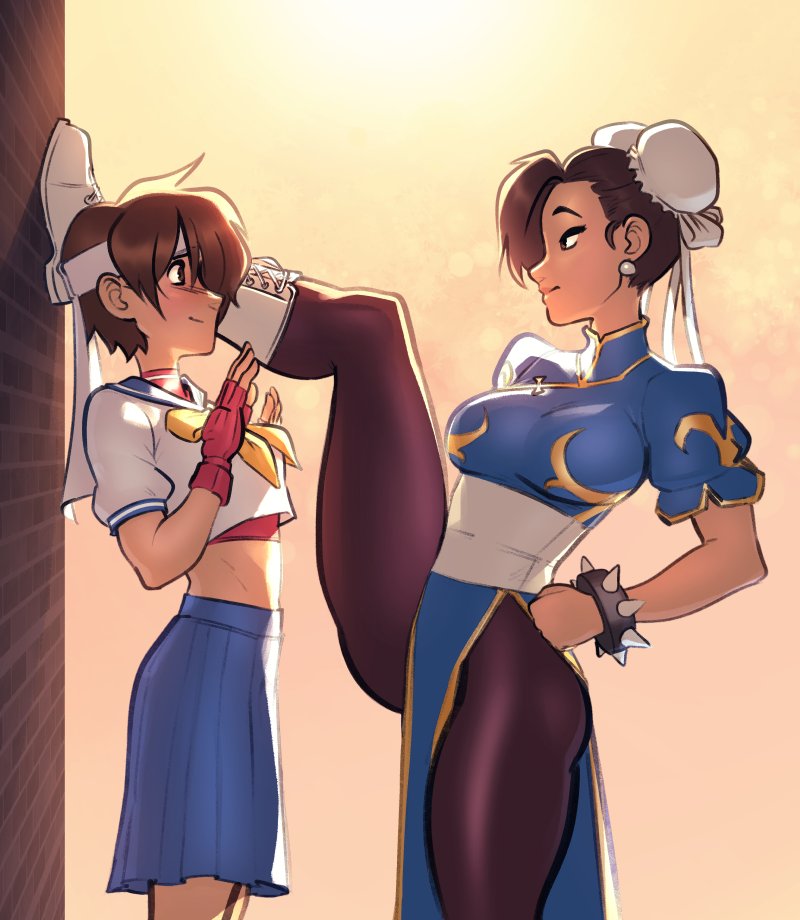 blue_sailor_collar bracelet brown_eyes brown_hair bun_cover buruma_under_skirt china_dress chinese_clothes chun-li double_bun dress foot_kabedon gloves hair_bun headband jewelry kabedon kasugano_sakura multiple_girls pantyhose pelvic_curtain psuede red_sports_bra sailor_collar sailor_crest short_hair spiked_bracelet spikes sports_bra street_fighter white_headband