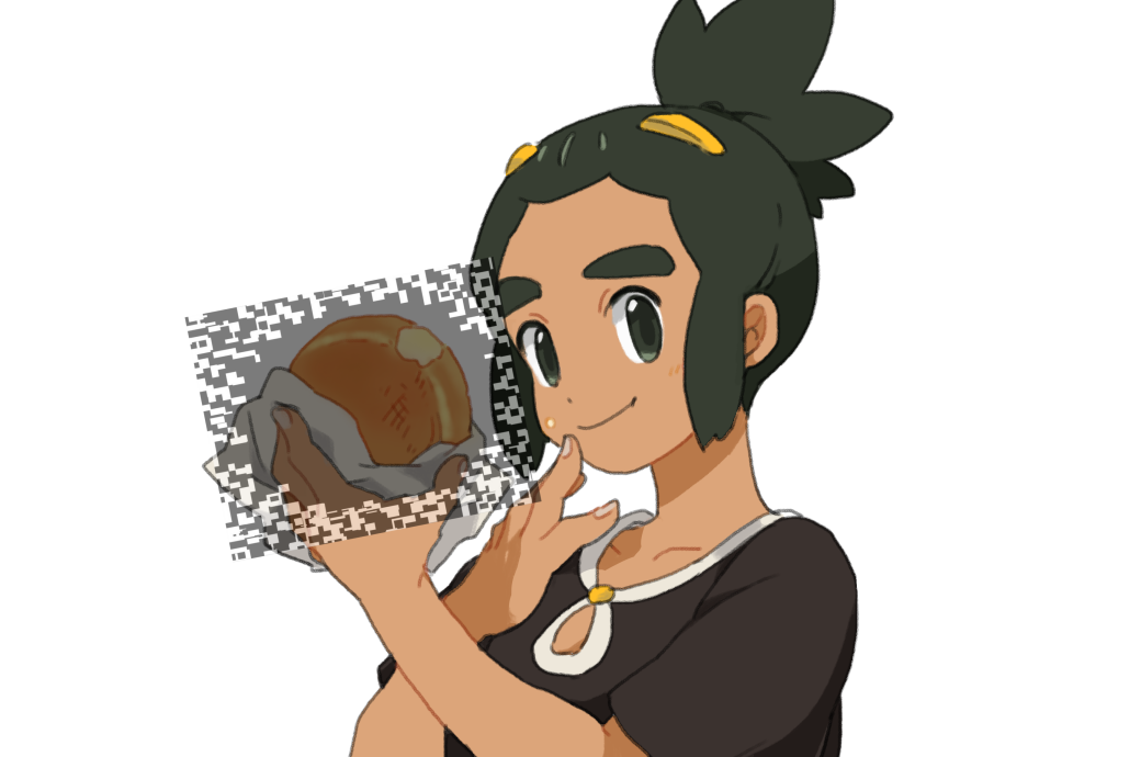 1boy :i black_shirt collarbone dark-skinned_male dark_skin fluttering_heart_illusion food green_hair hau_(pokemon) jie_tian looking_at_viewer malasada male_focus optical_illusion pokemon pokemon_(game) pokemon_sm shirt simple_background smile solo upper_body white_background