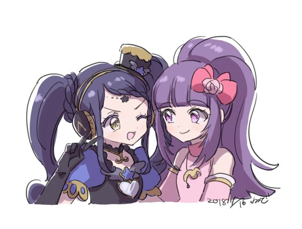 2girls :d bare_shoulders blue_hair blunt_bangs bow braid braided_bangs closed_mouth cropped_torso detached_sleeves forehead_jewel galala_s_leep hair_bow hanazono_shuuka hand_up hat headphones idol_time_pripara jewelry long_hair looking_at_another mini_hat multiple_girls necklace open_mouth pink_bow ponytail pretty_(series) pripara puffy_short_sleeves puffy_sleeves purple_eyes purple_hair rituyama1 short_sleeves simple_background smile star_(symbol) twintails upper_body v v-shaped_eyebrows white_background yellow_eyes